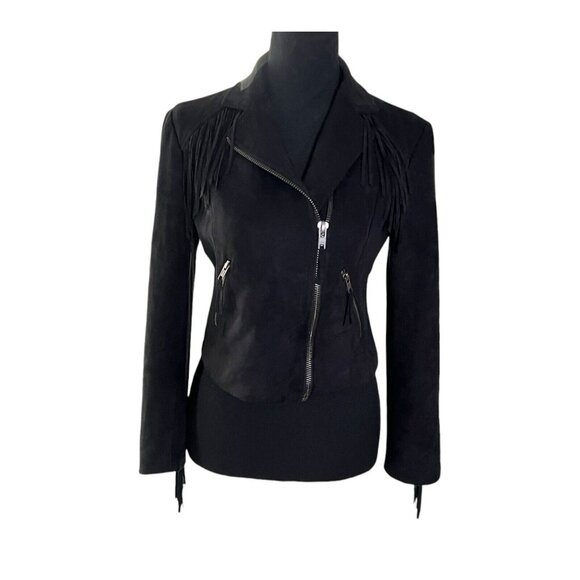 Mural Jackets & Blazers - Mural Women's Fringed Faux Suede Cropped Black Moto Jacket Size Small